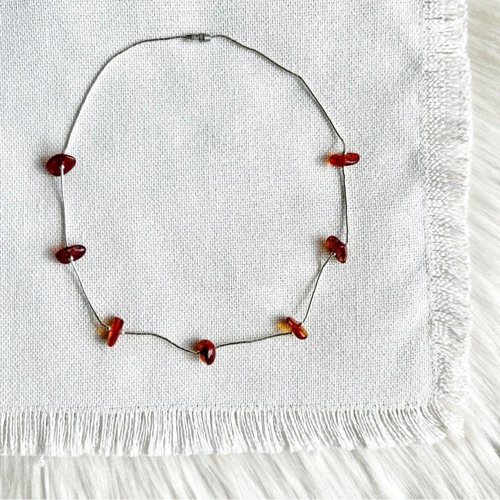 Vintage AMBER & STERLING SILVER Southwestern Necklace • Bohemian Retro Western